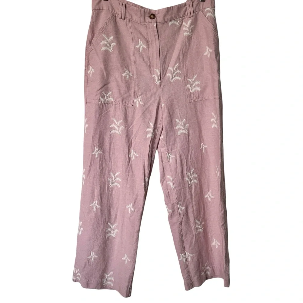 Zara XXL linen blend embroidered Pink Wide-Leg Pants